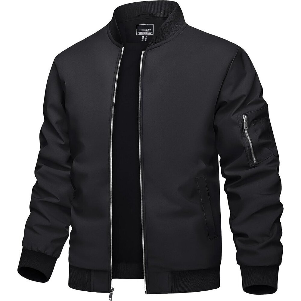 🆕Men's Black Bomber Jacket with Zip-Up Front and Utility Sleeve Pocket